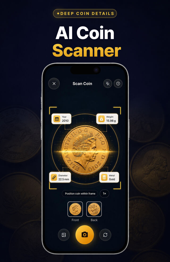 Coin Gauge AI coin scanner screen showing a gold coin in the viewfinder with year, weight, diameter, and metal details
