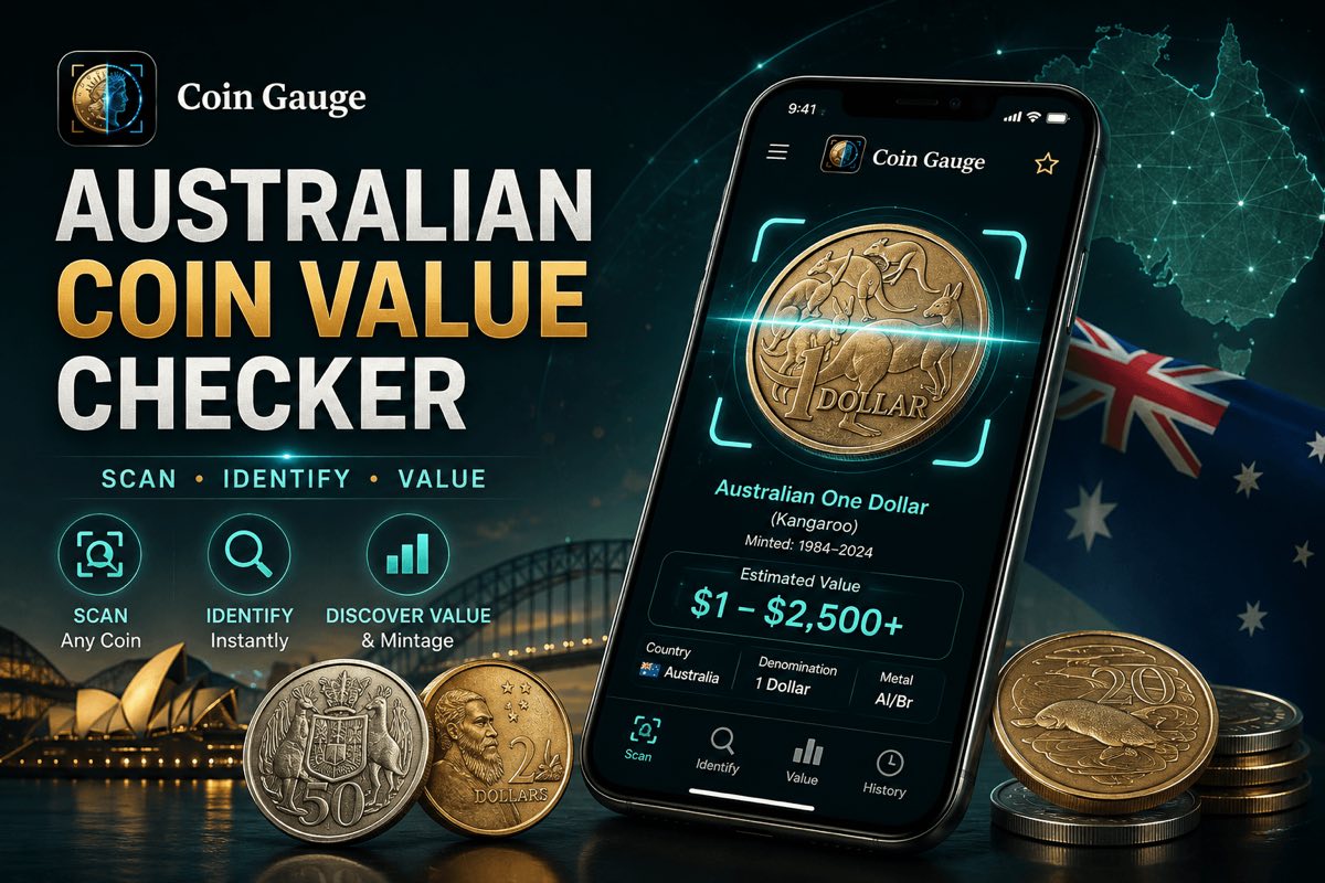 Promotional graphic reading “Australian Coin Value Checker — Scan · Identify · Value”, showing a phone running Coin Gauge on an Australian one dollar kangaroo coin valued at $1–$2,500+, beside the Australian flag, the Sydney Opera House and Harbour Bridge, and 50-cent, two-dollar, and 20-cent coins