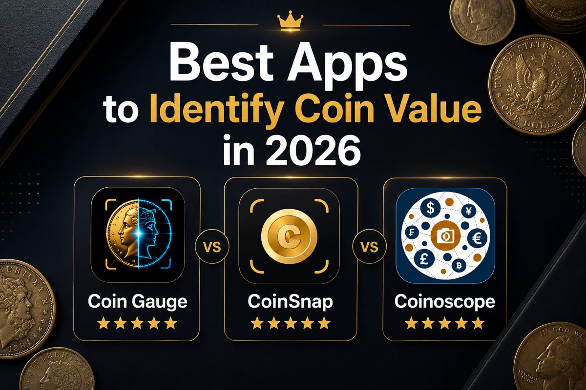 Promotional graphic reading “Best Apps to Identify Coin Value in 2026”, comparing the Coin Gauge, CoinSnap, and Coinoscope app icons side by side over a dark background scattered with silver dollars
