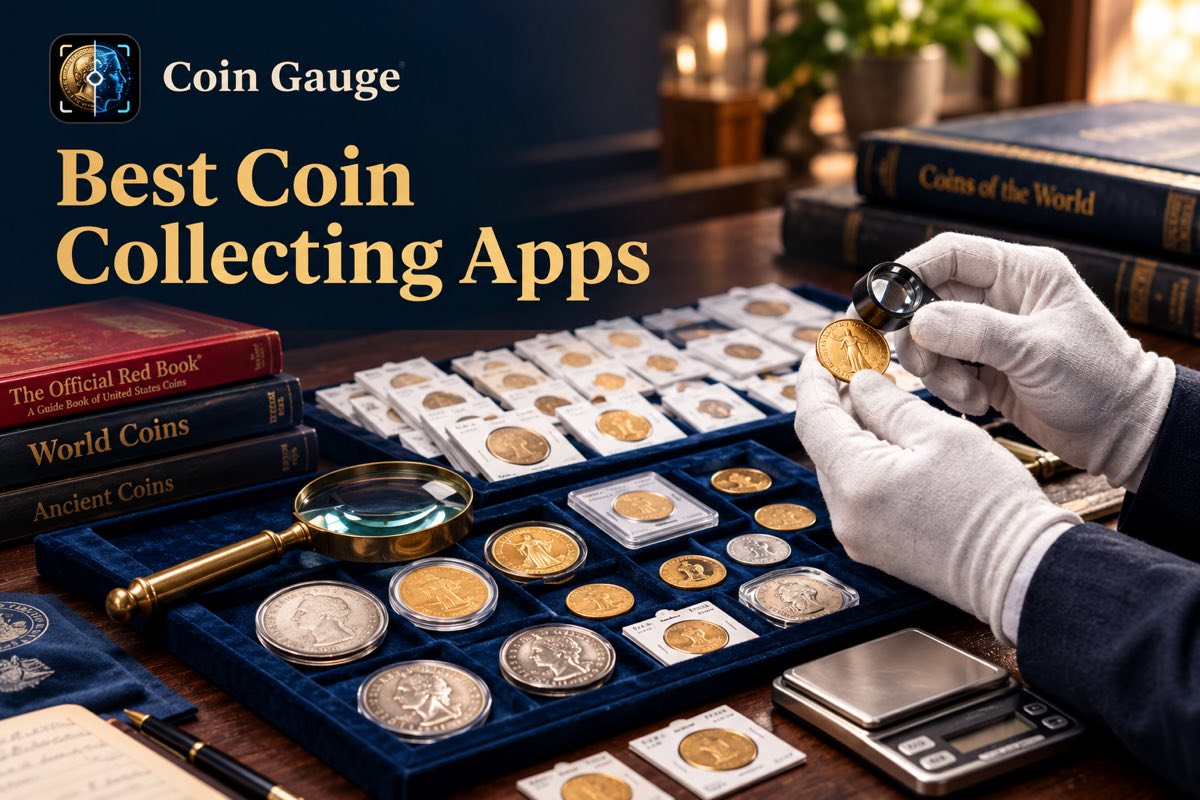 Illustrated banner titled “Best Coin Collecting Apps” with the Coin Gauge logo: a collector in white cotton gloves examines a gold coin through a jeweler’s loupe above a navy velvet tray of gold and silver coins in capsules, slabs and cardboard flips, beside a brass magnifying glass, a digital pocket scale, and stacked reference books including The Official Red Book, World Coins and Ancient Coins