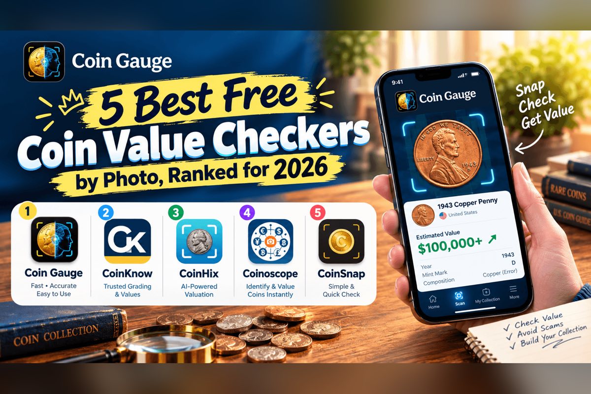 Banner reading “5 Best Free Coin Value Checkers by Photo, Ranked for 2026” with the Coin Gauge logo: a numbered row of app icons — Coin Gauge, CoinKnow, CoinHix, Coinoscope, CoinSnap — beside a hand holding a phone where Coin Gauge identifies a 1943-D copper penny valued at $100,000+, over a wooden desk with a coin collection book, magnifying glass, and scattered coins