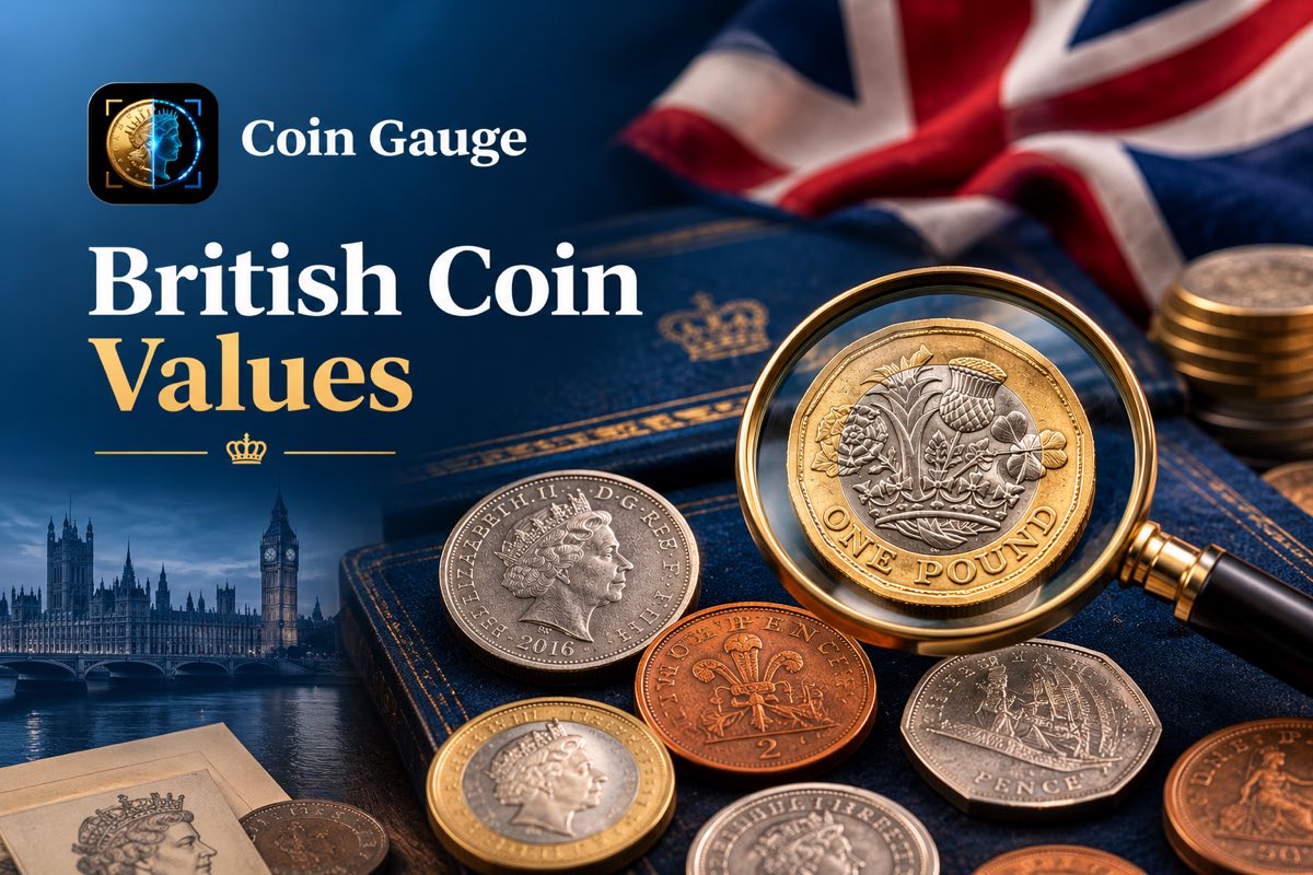 Illustrated banner titled “British Coin Values” with the Coin Gauge logo: a brass magnifying glass enlarges a 12-sided bimetallic £1 coin showing the rose, leek, thistle and shamrock, above a pile of UK coins on a navy book with a gold crown — a 2016 Queen Elizabeth II portrait coin, a £2 coin, a Prince of Wales feathers 2p, a ship-design 50p and Britannia pennies — with a Union Jack flag behind and the Houses of Parliament and Big Ben at dusk beside the title
