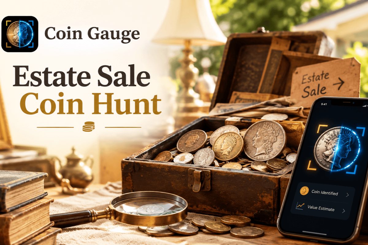 Coin Gauge banner reading “Estate Sale Coin Hunt”, with an old wooden chest overflowing with silver and bronze coins on a sunlit table beside a magnifying glass, antique books and an “Estate Sale” sign, and a phone showing the app scanning a coin with “Coin Identified” and “Value Estimate” results