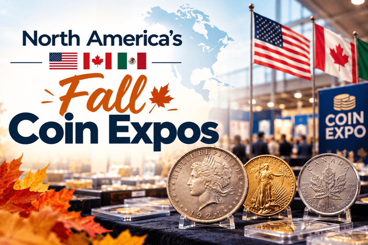 Banner reading “North America's Fall Coin Expos” over a faint map of the continent, with U.S., Canadian and Mexican flags above a busy convention hall and a blue “Coin Expo” sign, autumn maple leaves in the corner, and a silver dollar, a gold Liberty coin and a Canadian silver Maple Leaf on display stands in the foreground
