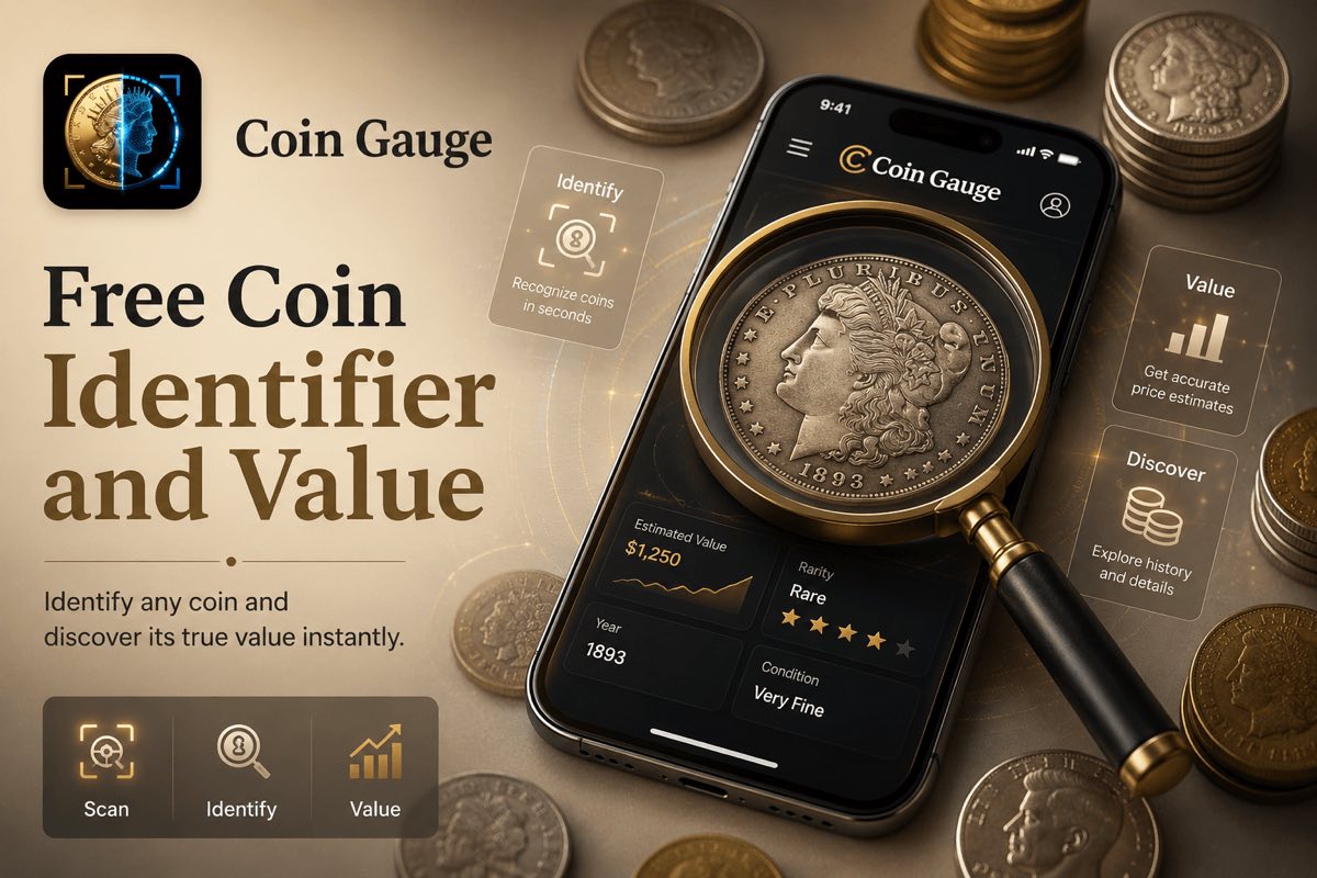 Promotional graphic reading “Free Coin Identifier and Value — identify any coin and discover its true value instantly”, showing a magnifier over an 1893 Morgan silver dollar on a phone running Coin Gauge, with Identify, Value, and Discover feature callouts