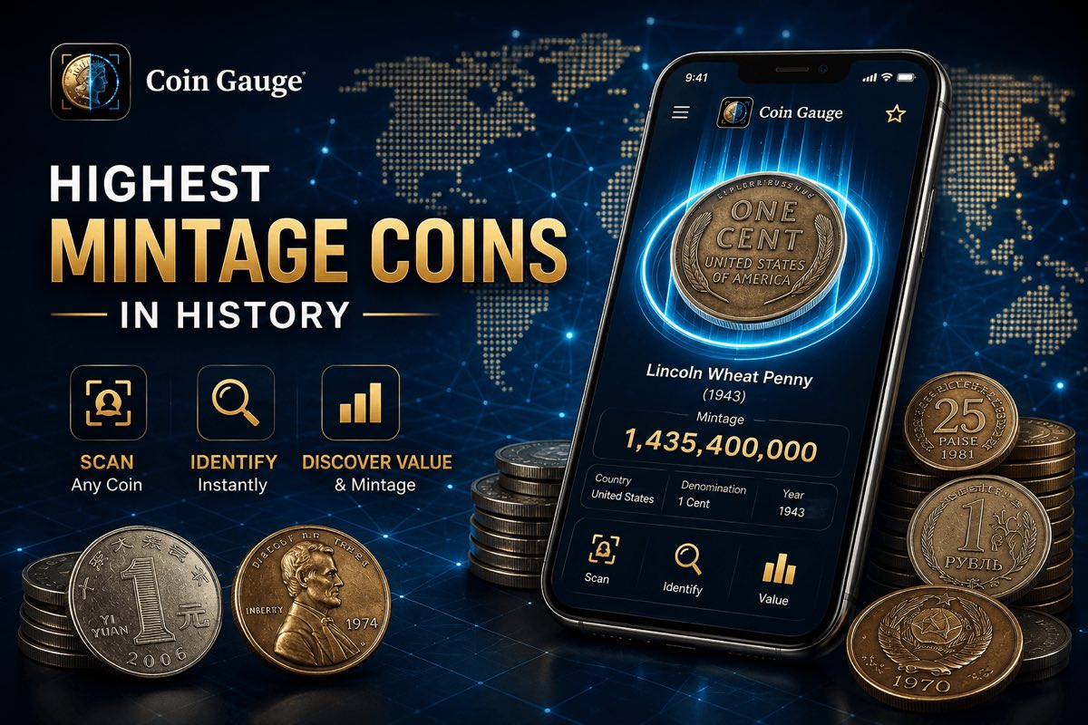 Promotional graphic reading “Highest Mintage Coins in History”, with Scan, Identify, and Discover Value callouts over a dark blue dotted world map, beside a phone running Coin Gauge showing a 1943 Lincoln wheat penny and its 1,435,400,000 mintage, flanked by Chinese yuan, Indian paise, and Soviet ruble coins