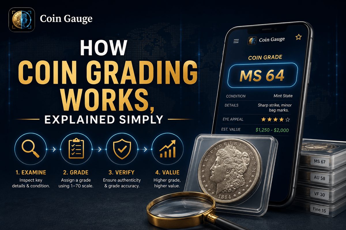 Promotional graphic reading “How Coin Grading Works, Explained Simply”, with an Examine → Grade → Verify → Value step strip, a phone running Coin Gauge showing an MS 64 Mint State grade valued at $1,250–$2,000, an 1884 Morgan silver dollar under a magnifier, and a stack of slabbed coins labelled MS 67, AU 58, VF 30 and Fine 15