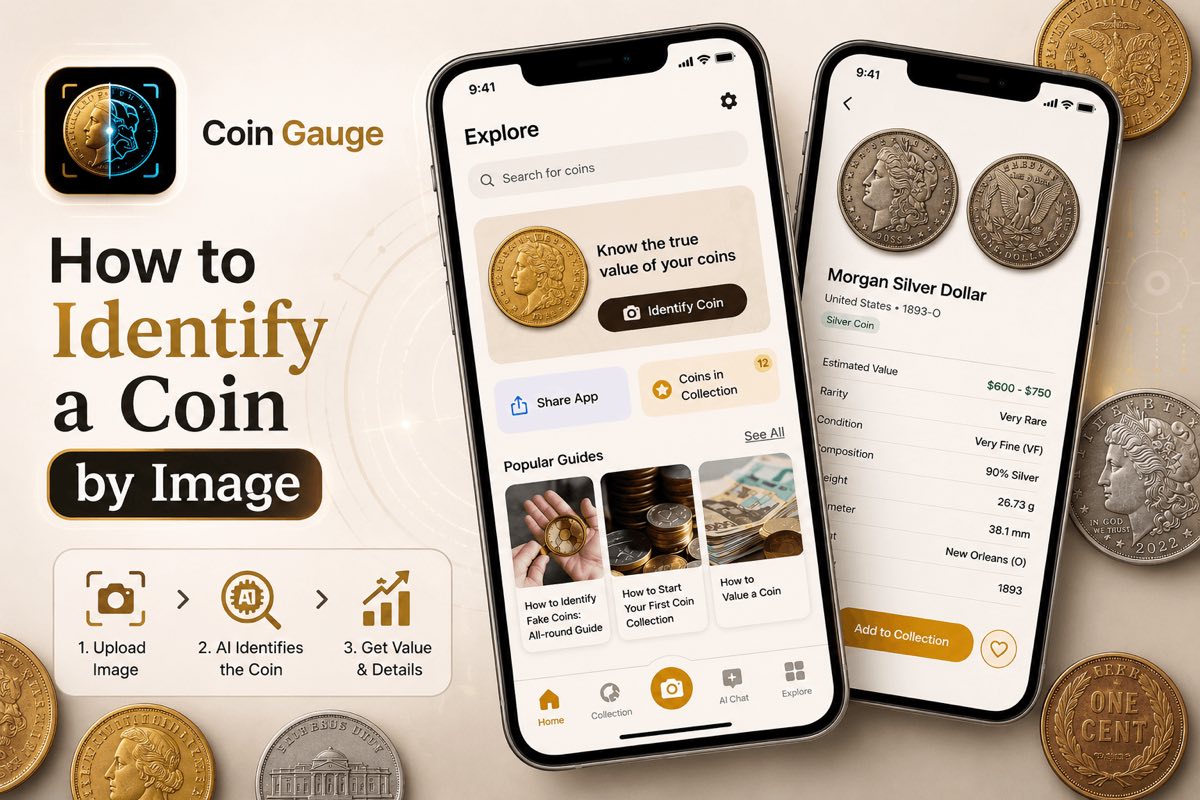 Promotional graphic reading “How to Identify a Coin by Image” beside the Coin Gauge logo, a three-step Upload Image → AI Identifies the Coin → Get Value & Details strip, and two phones showing the app's Explore screen and a Morgan Silver Dollar valued at $600–$750