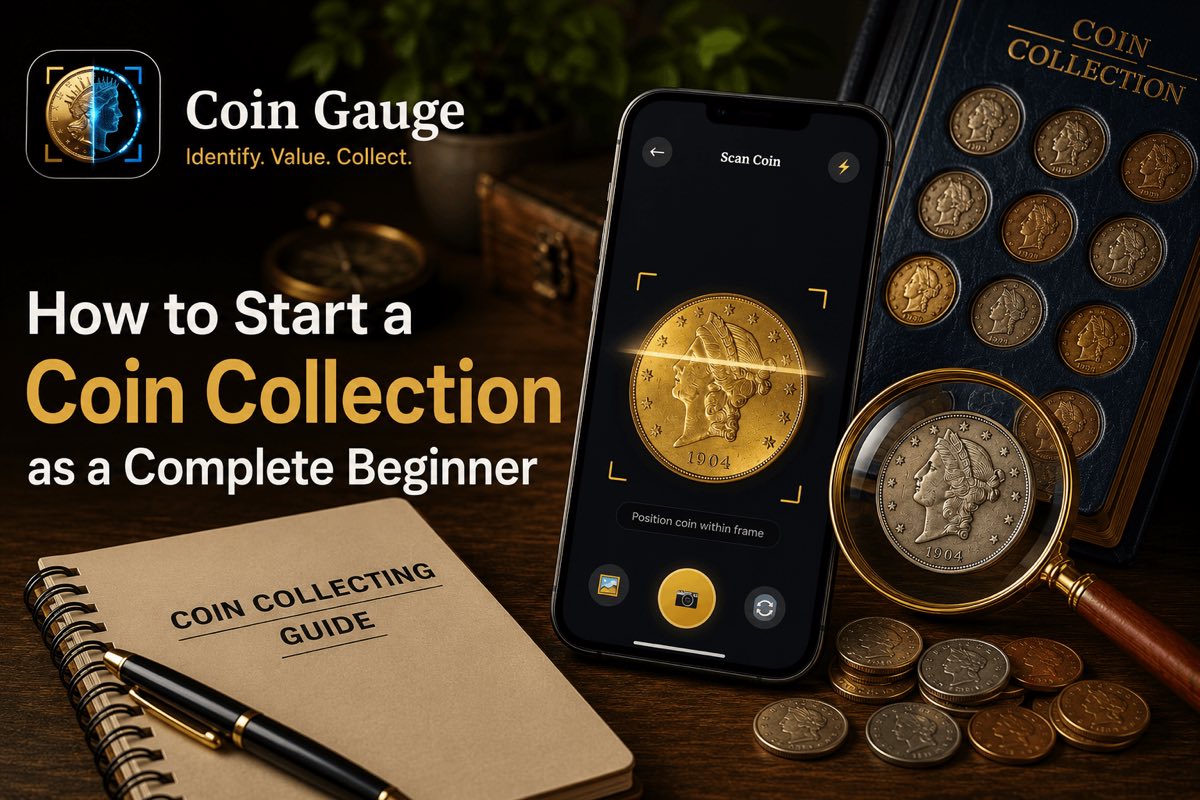 Promotional graphic reading “How to Start a Coin Collection as a Complete Beginner”, showing a coin collecting guide notebook, a phone running the Coin Gauge scan screen, a magnifier over an 1904 coin, and a filled coin album
