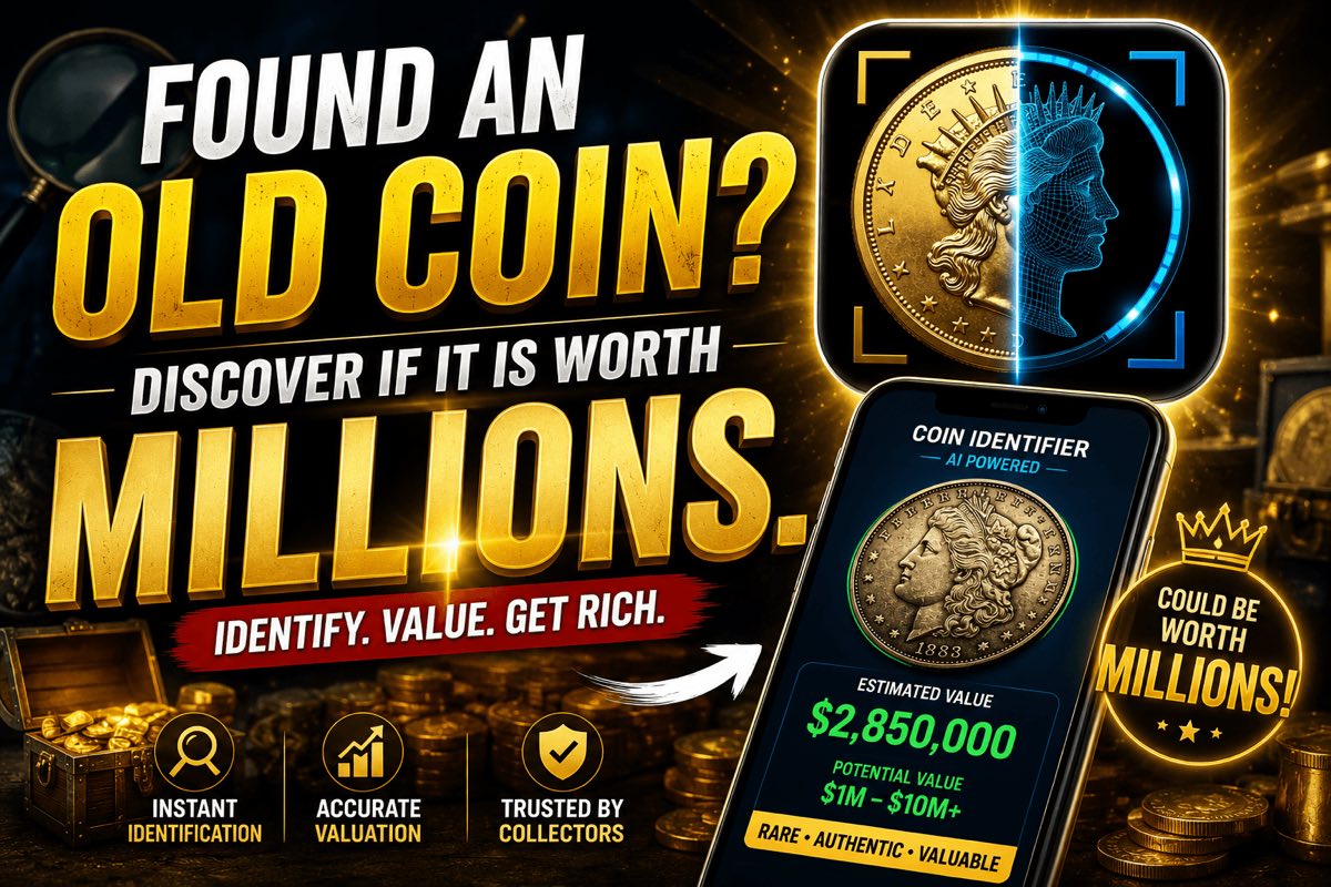 Promotional graphic reading “Found an old coin? Discover if it is worth millions” beside the Coin Gauge app showing an 1883 Morgan silver dollar with an estimated value