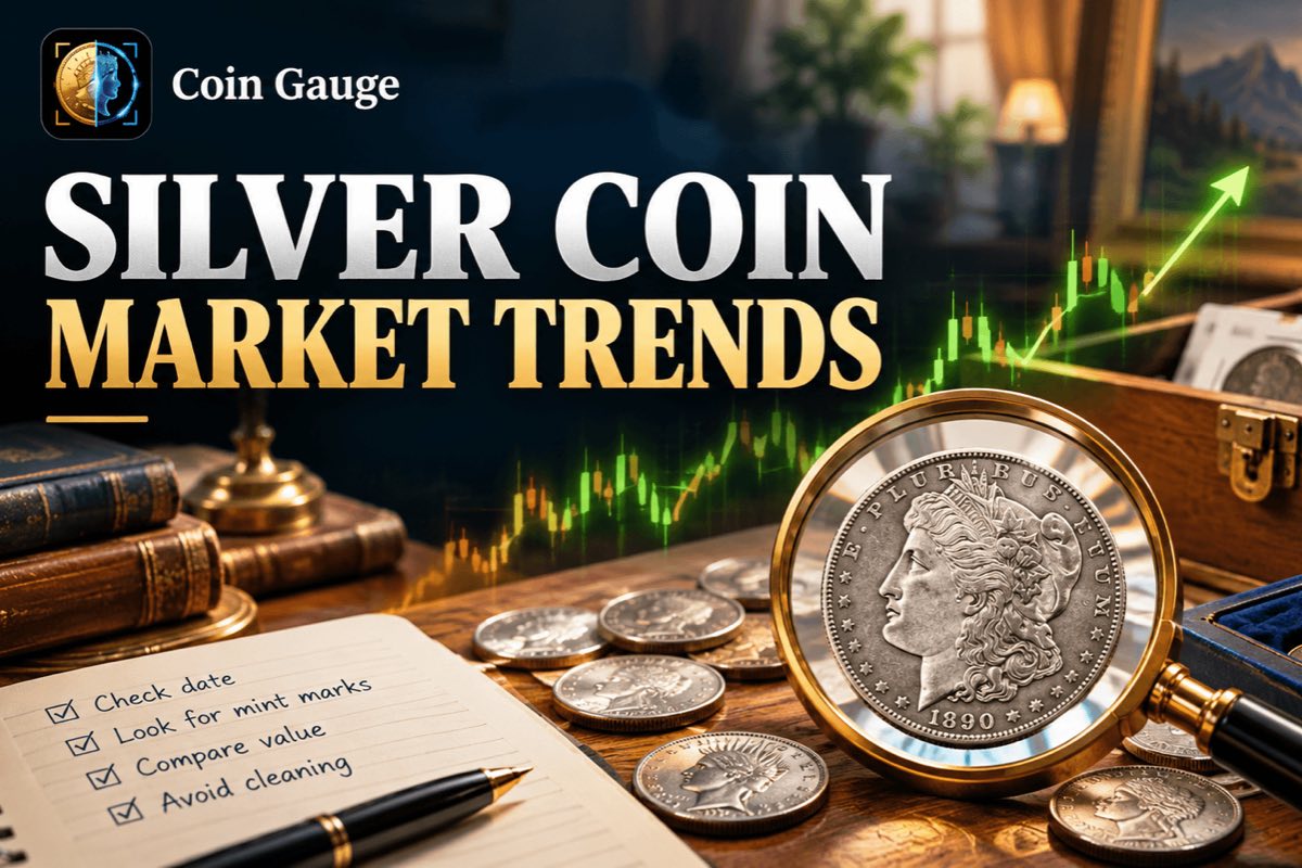Coin Gauge banner reading “Silver Coin Market Trends”, with a glowing green price chart rising behind a magnifying glass over an 1890 Morgan silver dollar, loose silver dollars on a wooden desk, a notebook checklist reading “Check date, Look for mint marks, Compare value, Avoid cleaning”, and a velvet tray of coins