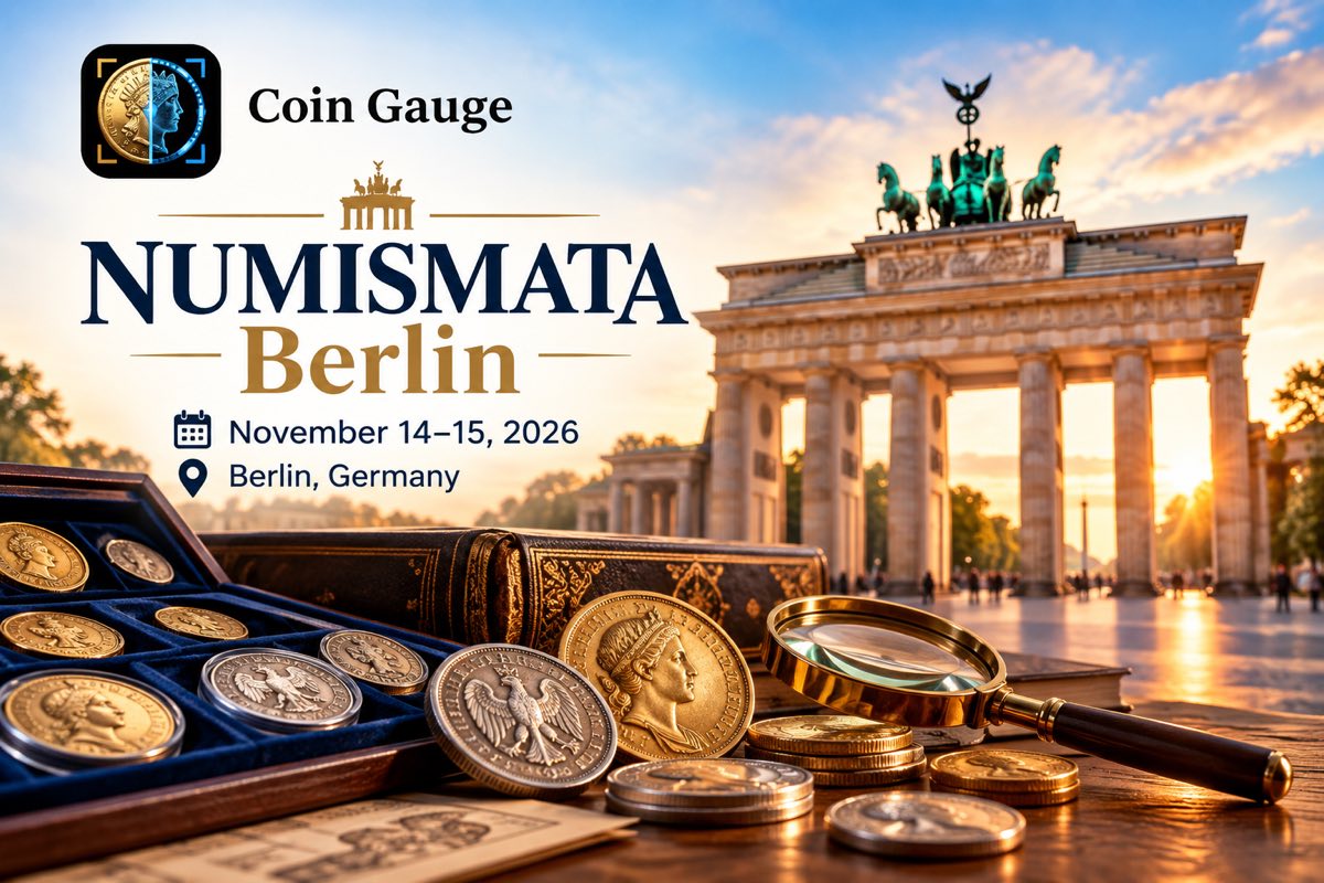 Banner reading “NUMISMATA Berlin, November 14–15, 2026, Berlin, Germany” with the Coin Gauge logo: the Brandenburg Gate at sunset behind a velvet tray of gold coins, a silver eagle coin, a gold laureate-portrait coin, stacked coins, a leather-bound book, and a brass magnifying glass on a wooden table