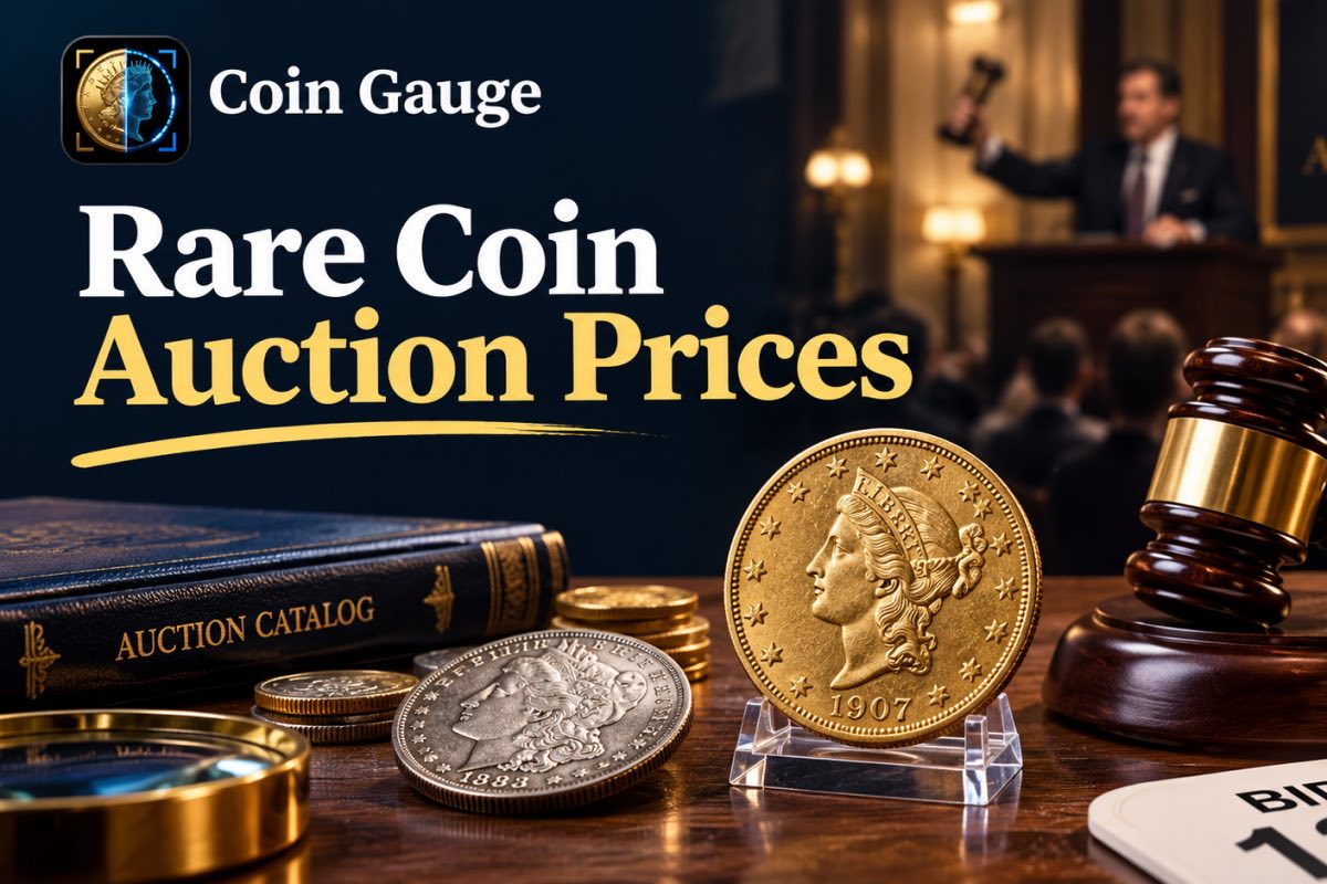 Banner reading “Rare Coin Auction Prices” with the Coin Gauge logo: a 1907 gold Liberty double eagle on a clear stand beside an 1883 Morgan silver dollar, stacked gold coins, an auction catalog, a magnifying glass, and a wooden gavel on a desk, with an auctioneer raising a gavel before a crowd in the background