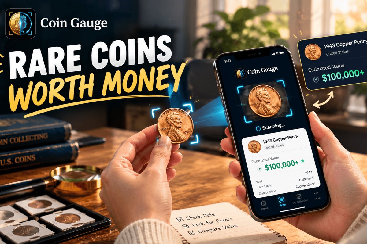 Banner reading “Rare Coins Worth Money” with the Coin Gauge logo: a hand holds a 1943 copper Lincoln penny up to a phone running Coin Gauge, which scans it and shows a 1943-D copper error penny with an estimated value of $100,000+, beside coin collecting books, a magnifier, a tray of slabbed coins, and a notebook checklist reading “Check Date, Look for Errors, Compare Value”