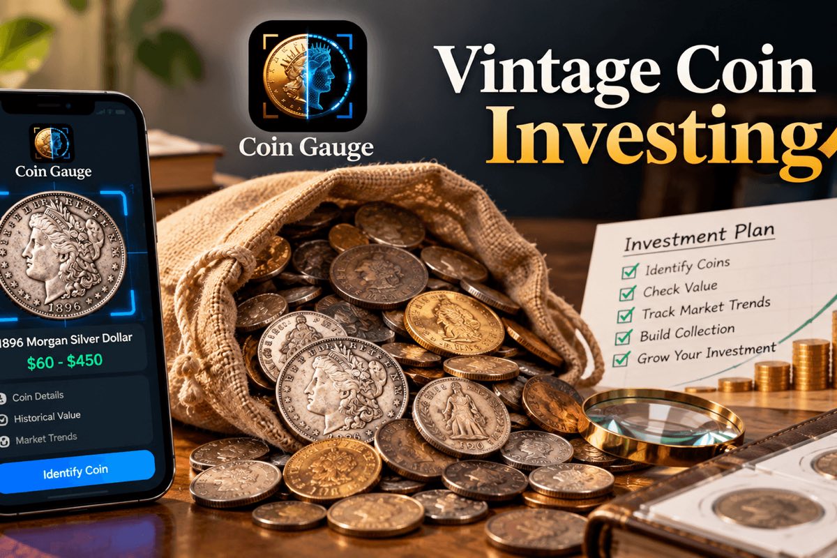 Banner reading “Vintage Coin Investing” with the Coin Gauge logo: a phone running Coin Gauge identifies an 1896 Morgan silver dollar valued at $60–$450, beside a burlap sack spilling silver and gold coins, a magnifying glass, a coin album, rising stacks of gold coins, and an “Investment Plan” checklist reading Identify Coins, Check Value, Track Market Trends, Build Collection, Grow Your Investment