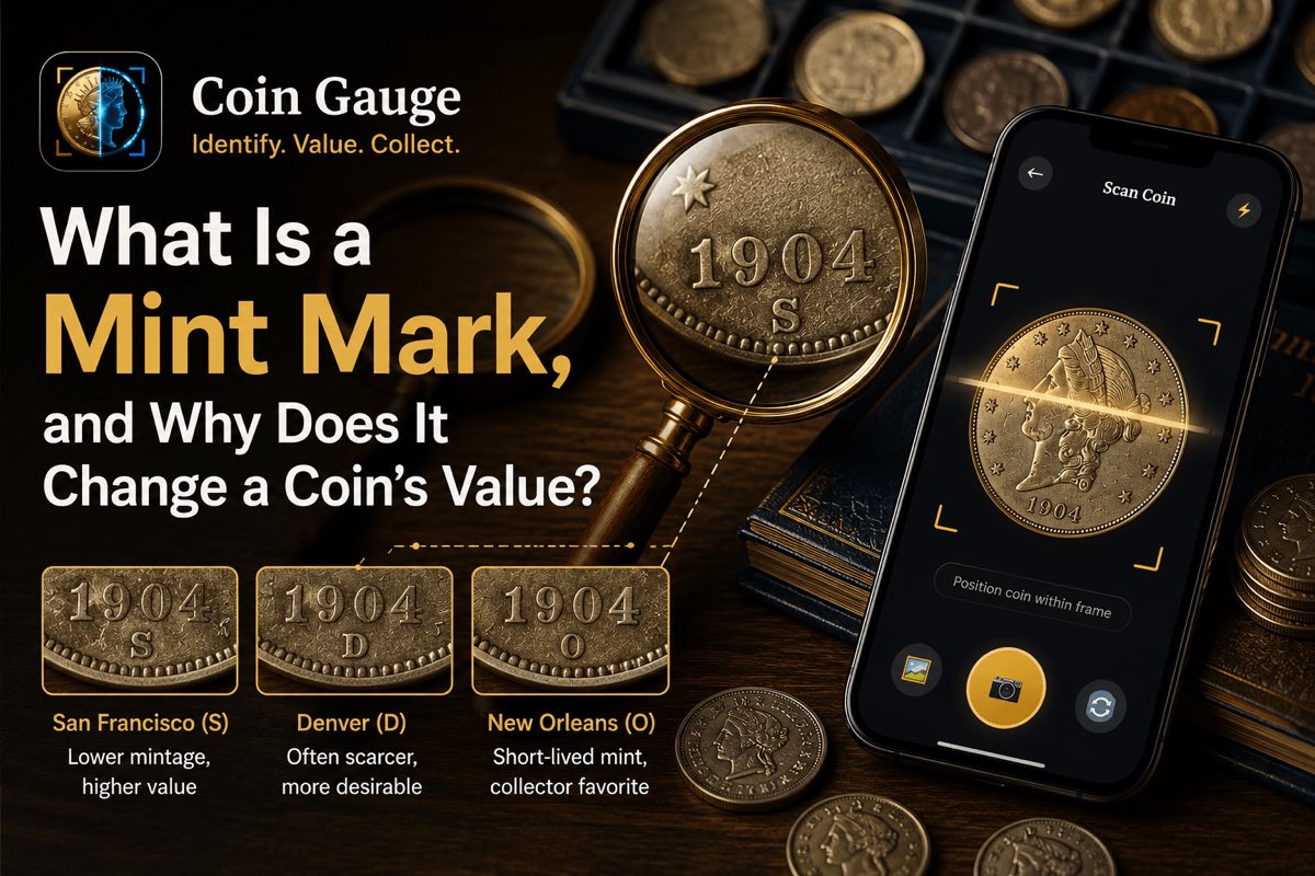Promotional graphic reading “What Is a Mint Mark, and Why Does It Change a Coin’s Value?”, with a magnifier enlarging the S mint mark on a 1904 coin, close-ups of the San Francisco, Denver, and New Orleans marks, and the Coin Gauge scan screen on a phone