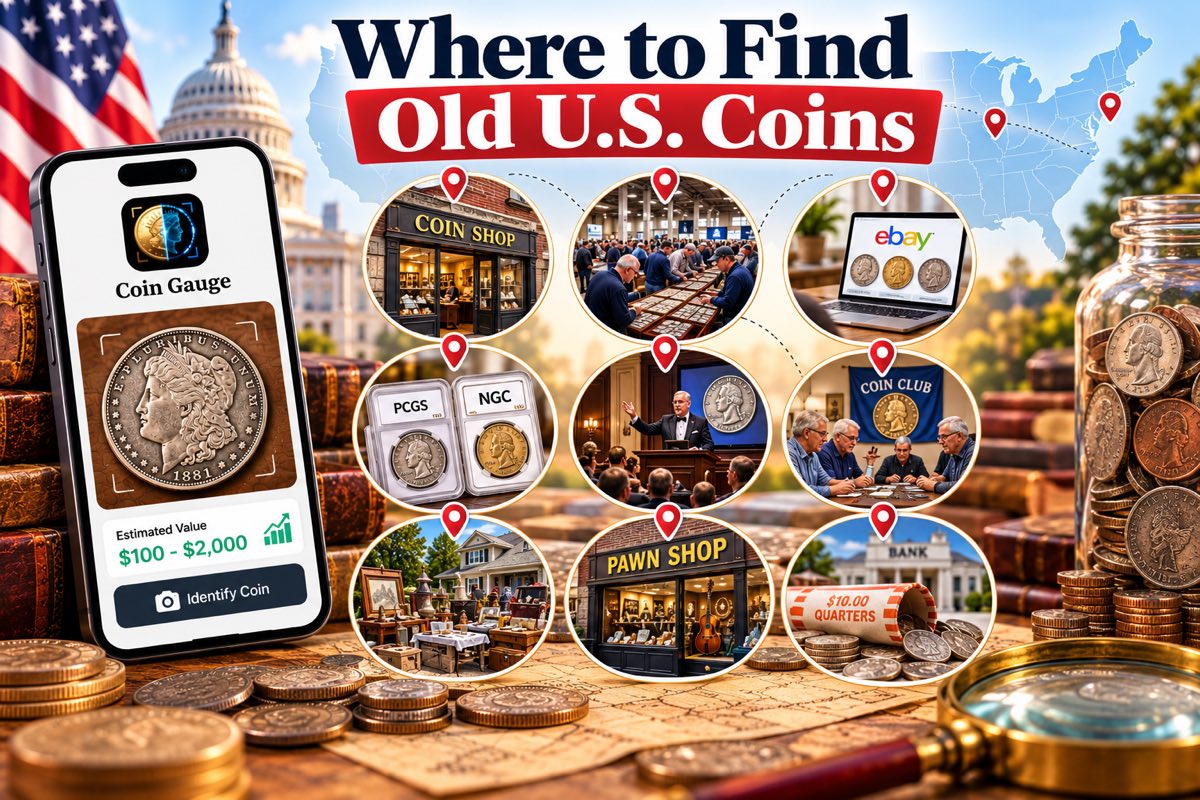 Illustrated banner titled “Where to Find Old U.S. Coins”: a phone running Coin Gauge shows a scanned 1881 Morgan silver dollar with an estimated value of $100–$2,000, beside nine circular vignettes of places to buy coins — a coin shop, a coin show, an eBay listing, PCGS and NGC slabbed coins, an auction, a coin club, an estate sale, a pawn shop, and a bank with a roll of quarters — all over a map of the United States with the Capitol dome, an American flag, a jar of coins, and a magnifying glass