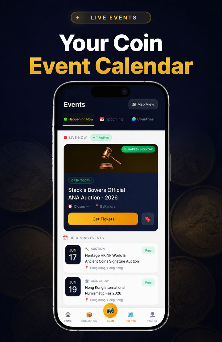 Coin Gauge events screen showing live coin auctions and upcoming numismatic shows with dates and locations