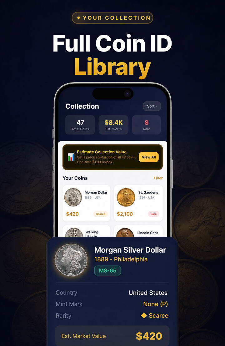 Coin Gauge collection library screen listing identified coins with estimated worth, rarity tags, and coin ID details