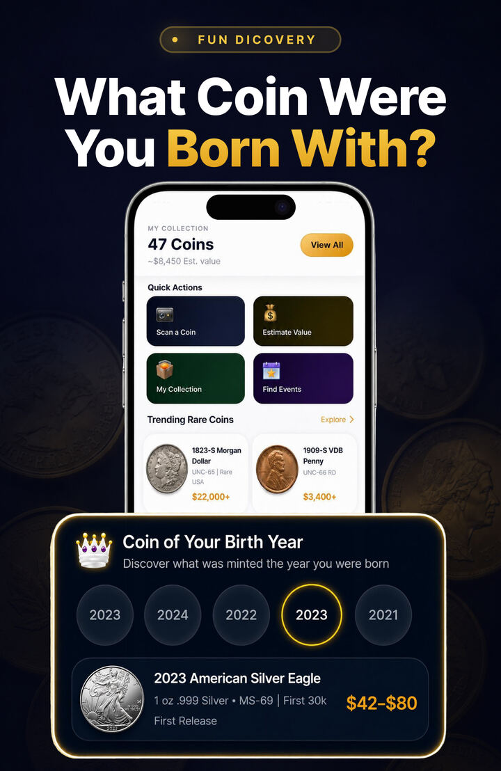 Coin Gauge birth-year coin discovery screen showing a 2023 American Silver Eagle valued at $42–$80